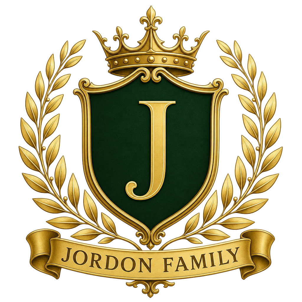 The Jordon Family crest — a laurel-wreathed shield with a tree and the letter J